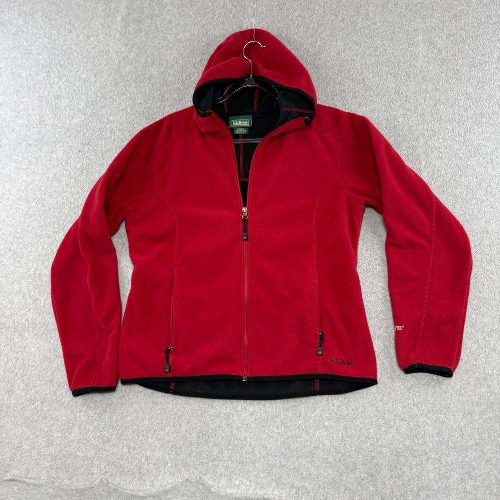 LL Bean Polartec Fleece Jacket Womens Large Red Full Zip Hooded Outdoor O BWT1